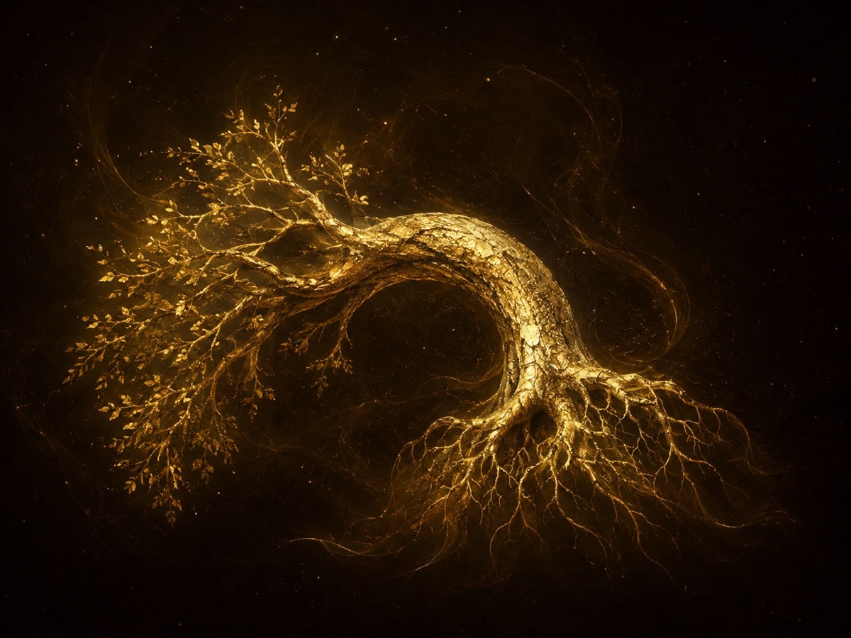 A curved gold tree with exposed threadlike roots floats in a warm dark haze.