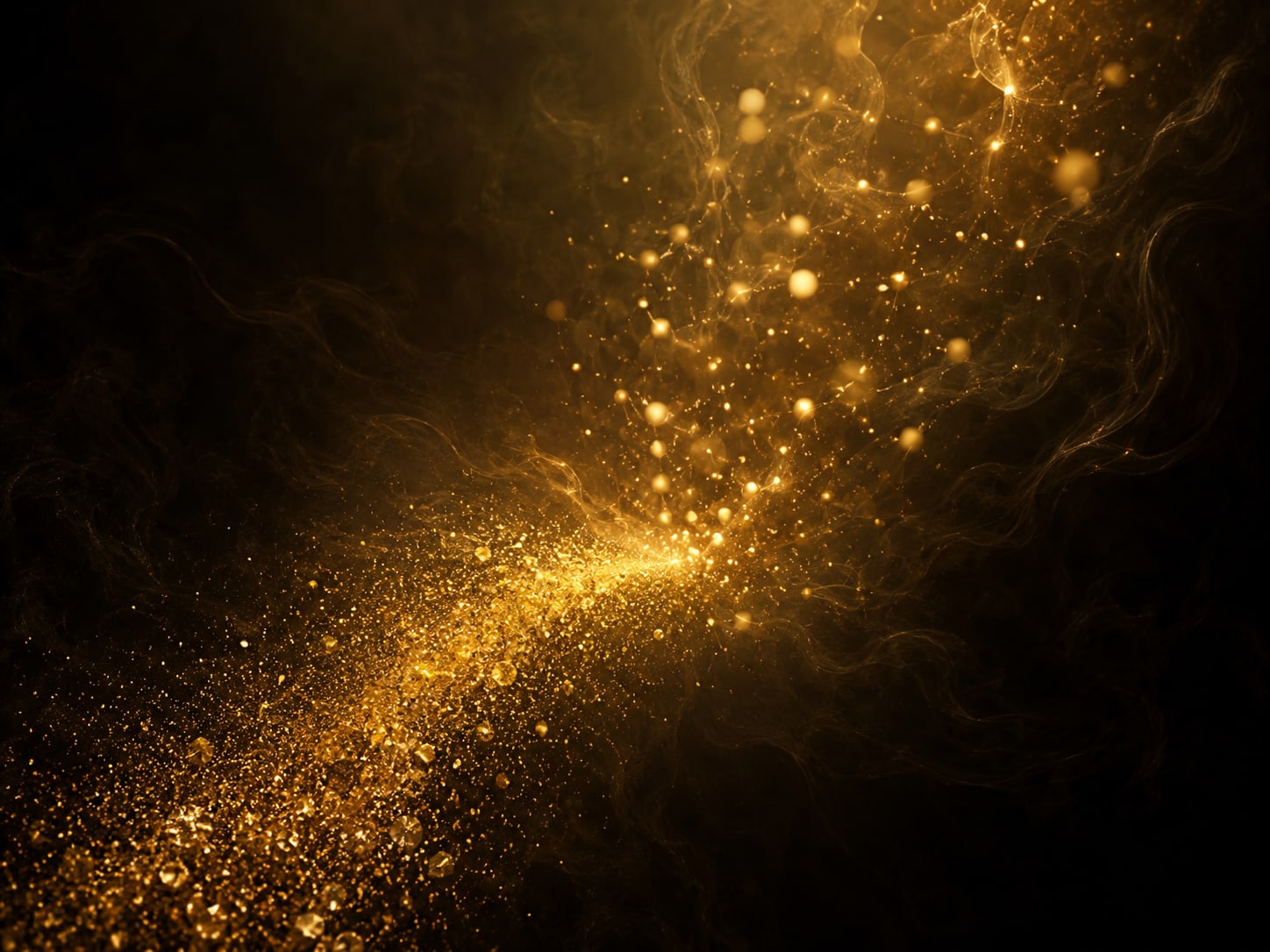 Falling gold dust crossing upward drifting motes of warm light midway in the dark.