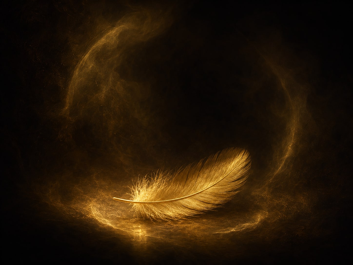 A gold feather come to rest on soft darkness inside a quiet halo of warm light.
