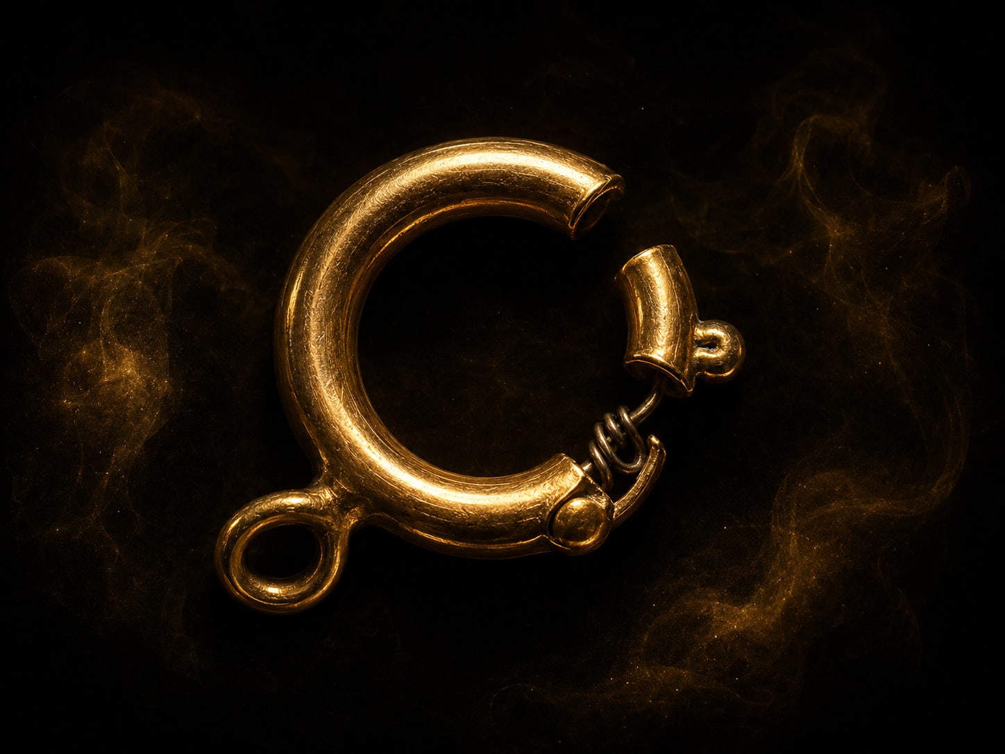A single gold spring clasp alone in darkness, its ring standing open and the internal spring slack.