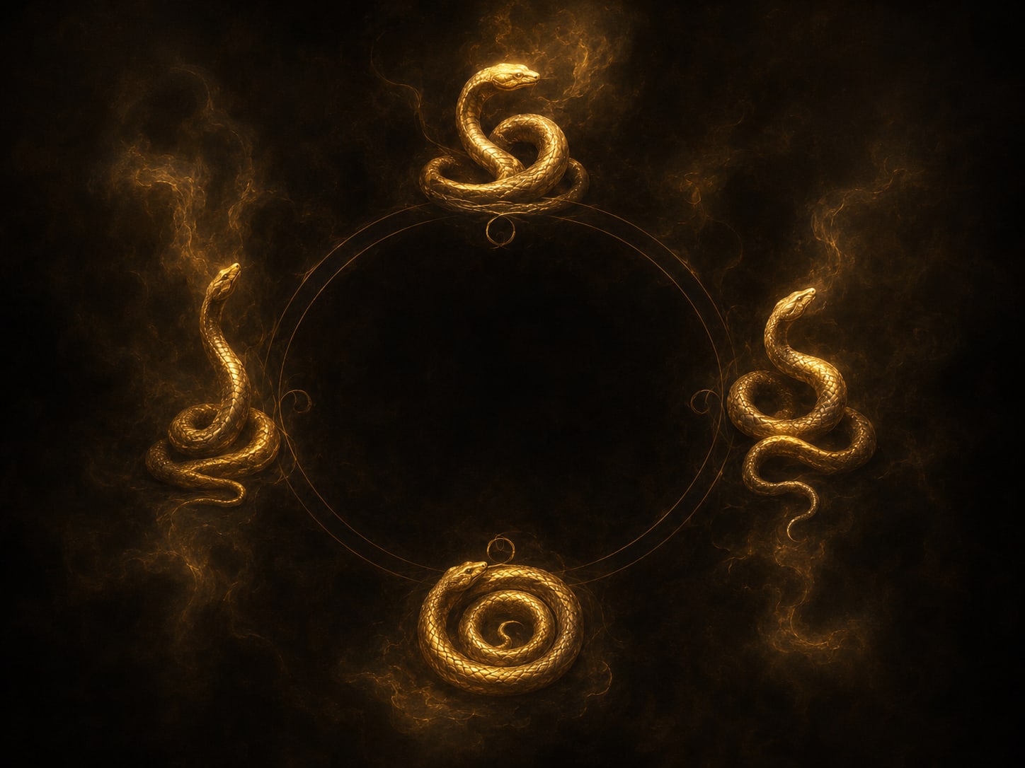 Four small gold serpent forms arranged around a quiet circle of dark, each coiled differently.