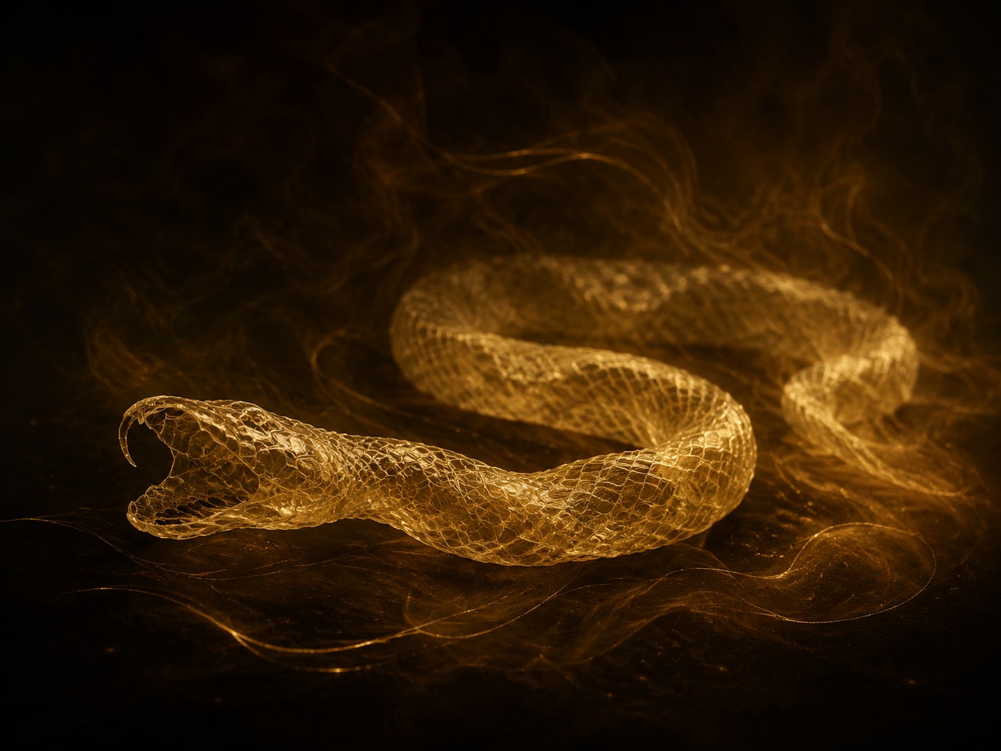 A gold serpent with its translucent shed skin drifting away behind it.