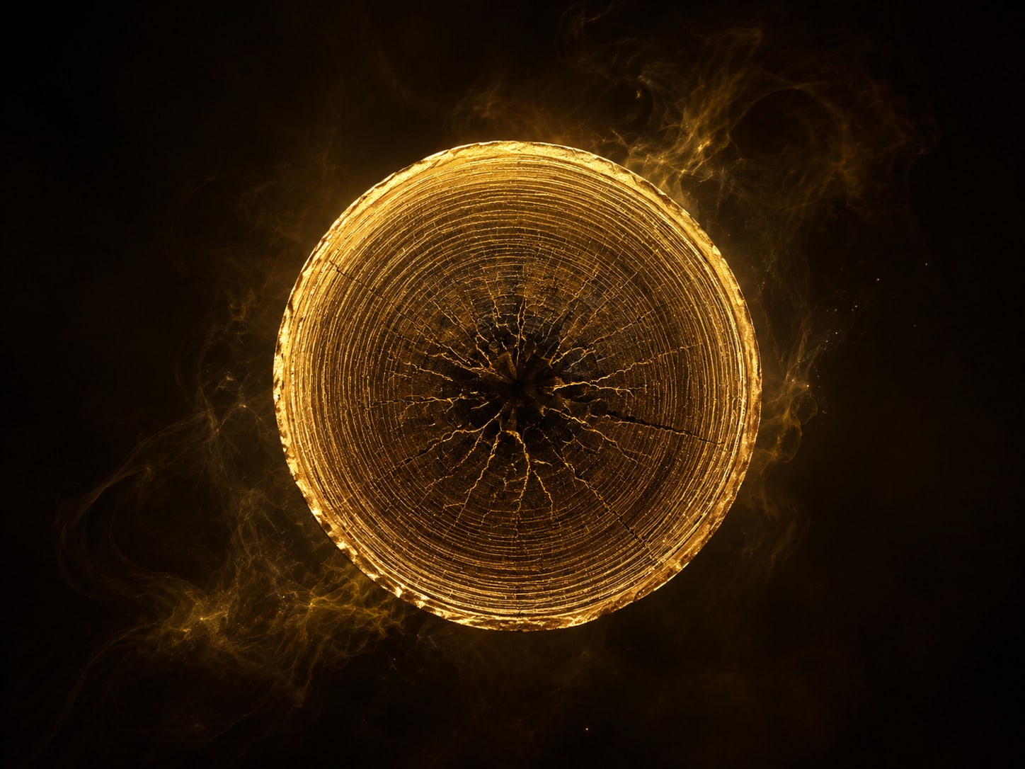 The severed end of a gold branch seen face-on, a bright sound rim around a dark hollowed centre.
