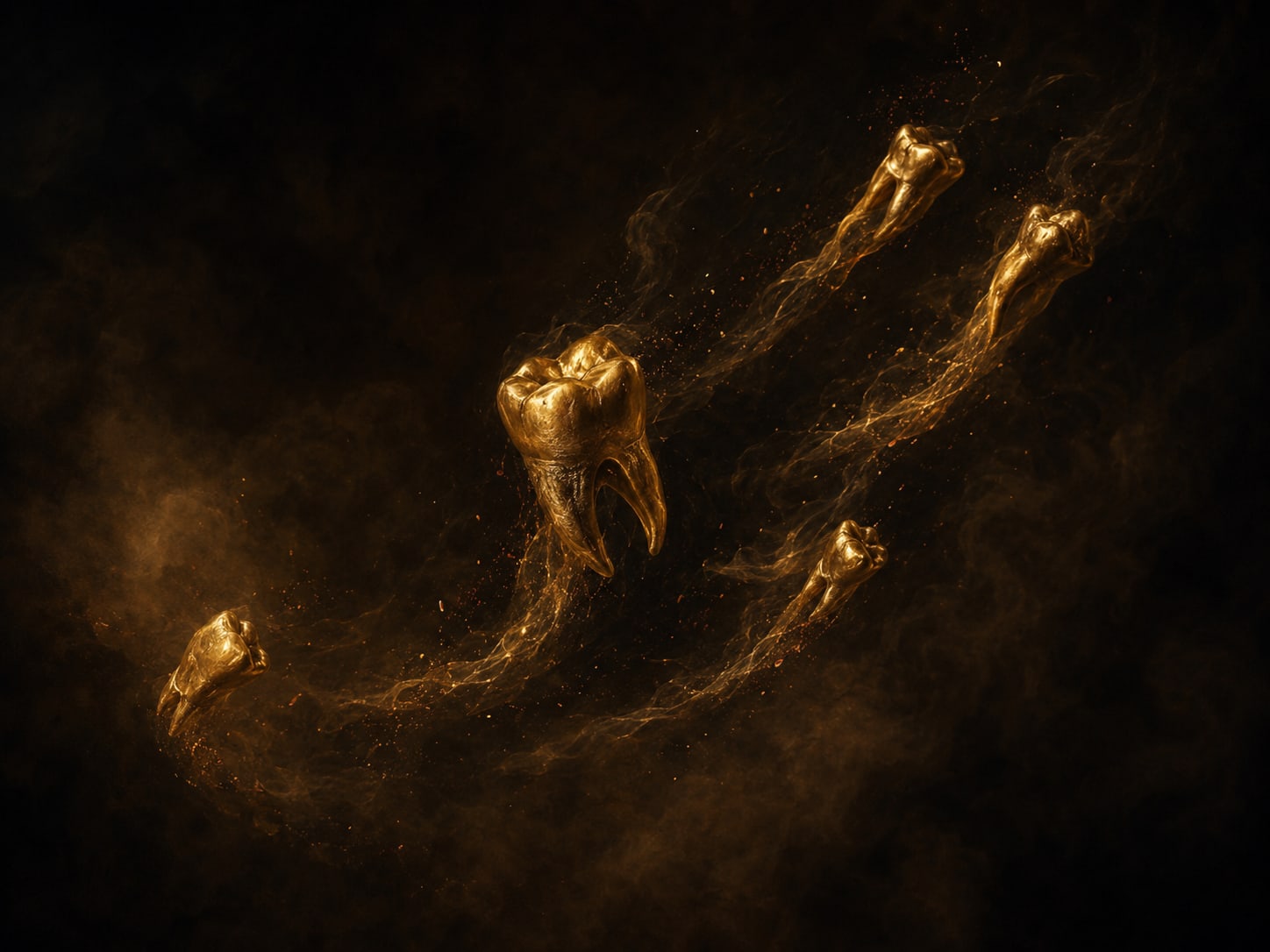A handful of gold teeth suspended mid-flight in a flung arc, trailing threads of smoke.
