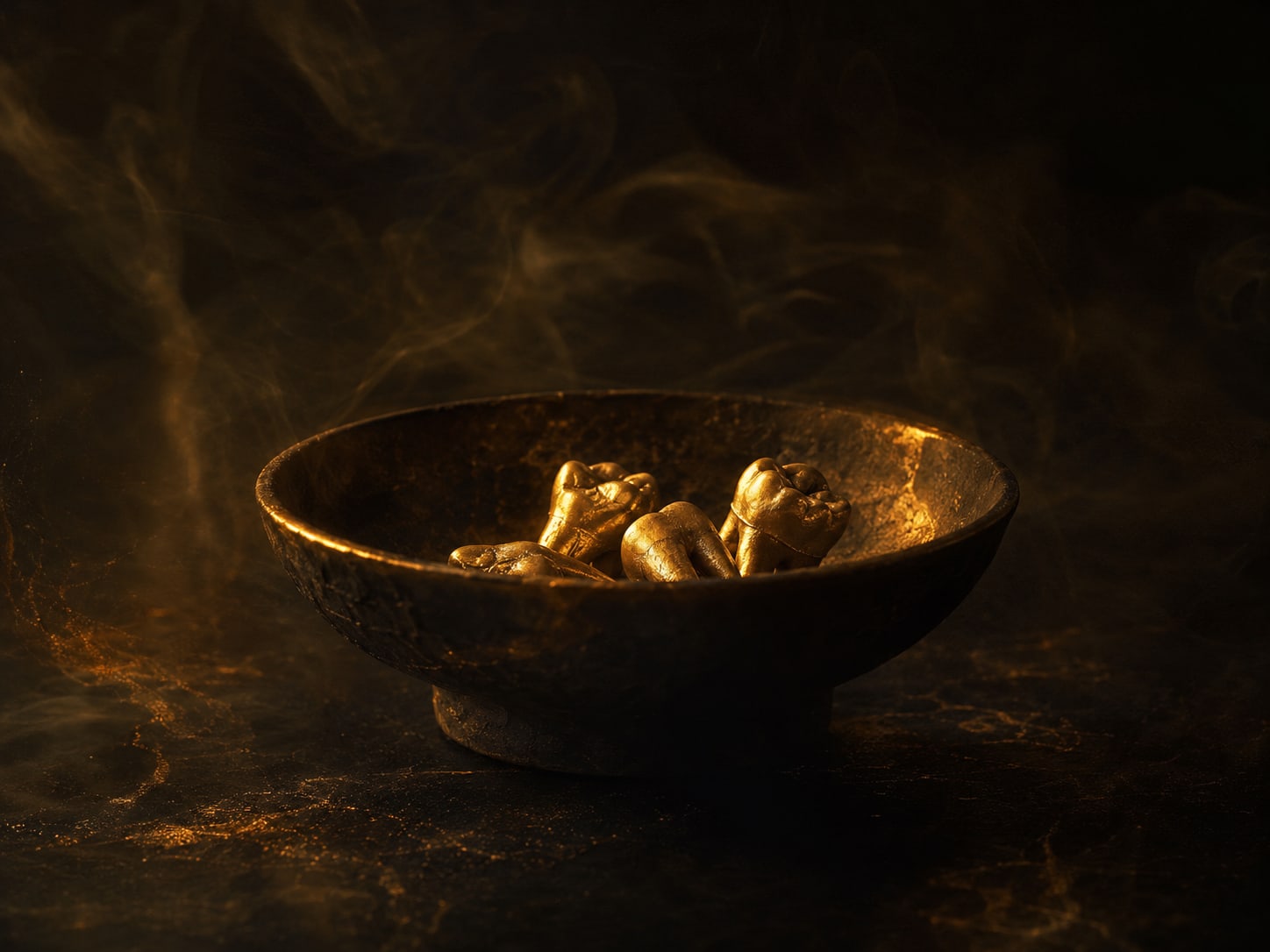 A shallow dark vessel holding a few gold teeth like offerings, warm light gathering in the bowl.