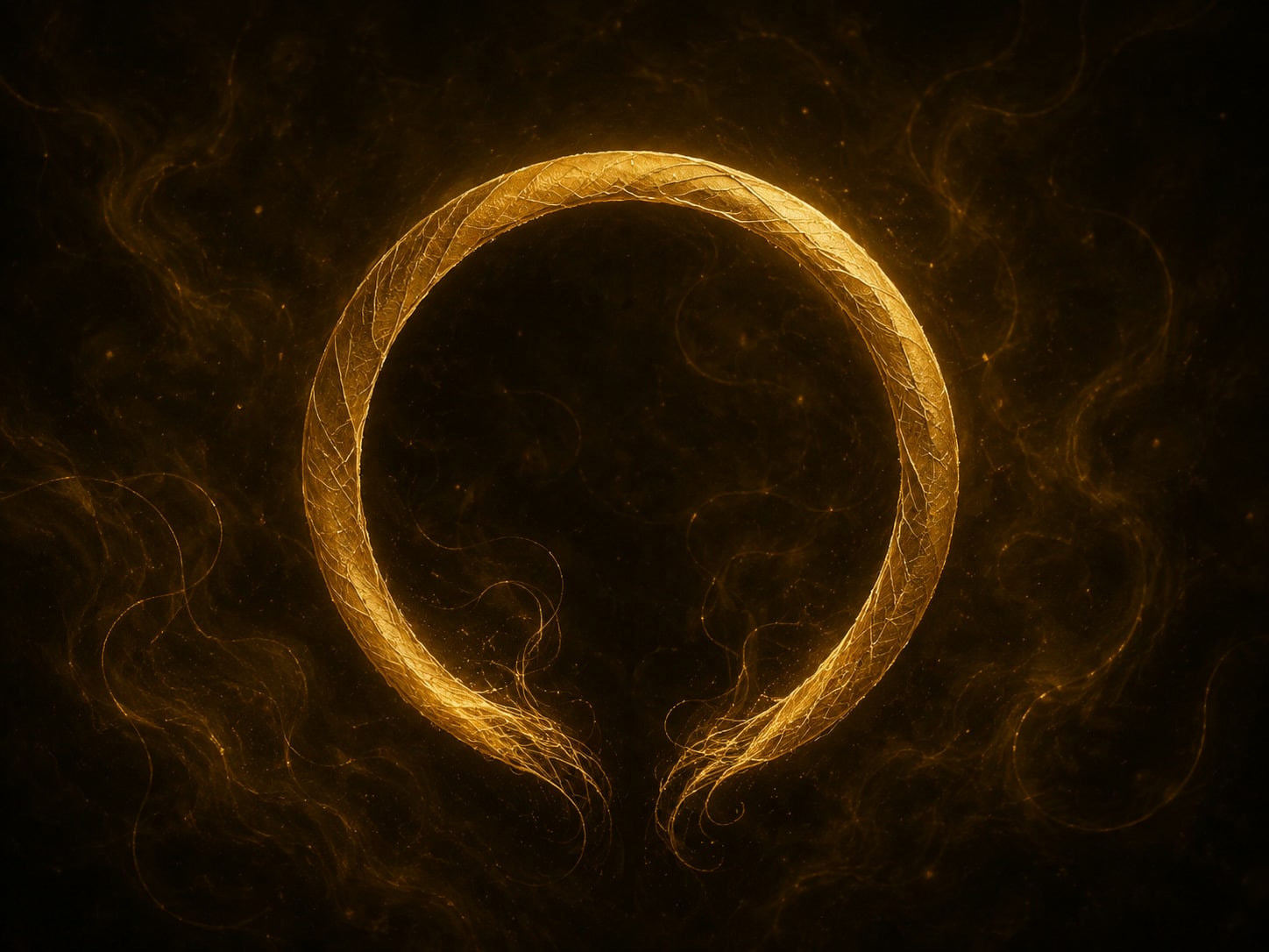 A textured gold ring is open at the bottom, where fine filaments trail away.