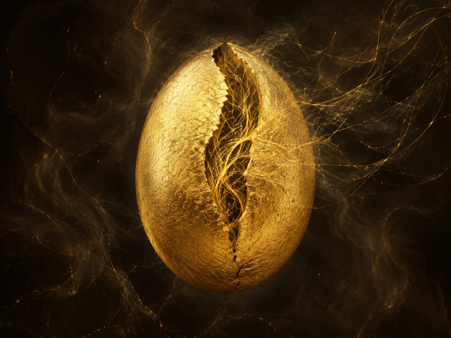 An oval textured gold shell is split by a dark seam with fine filaments inside.