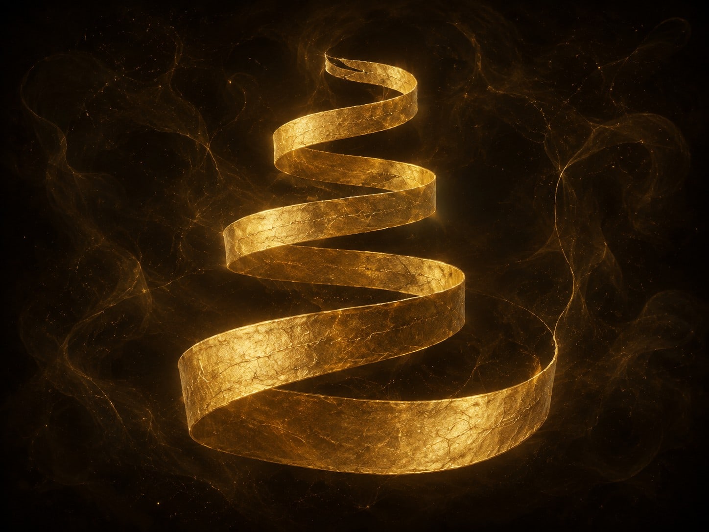A long gold spiral ribbon widening toward one end, with a hairline split along its surface, floating in warm golden haze.