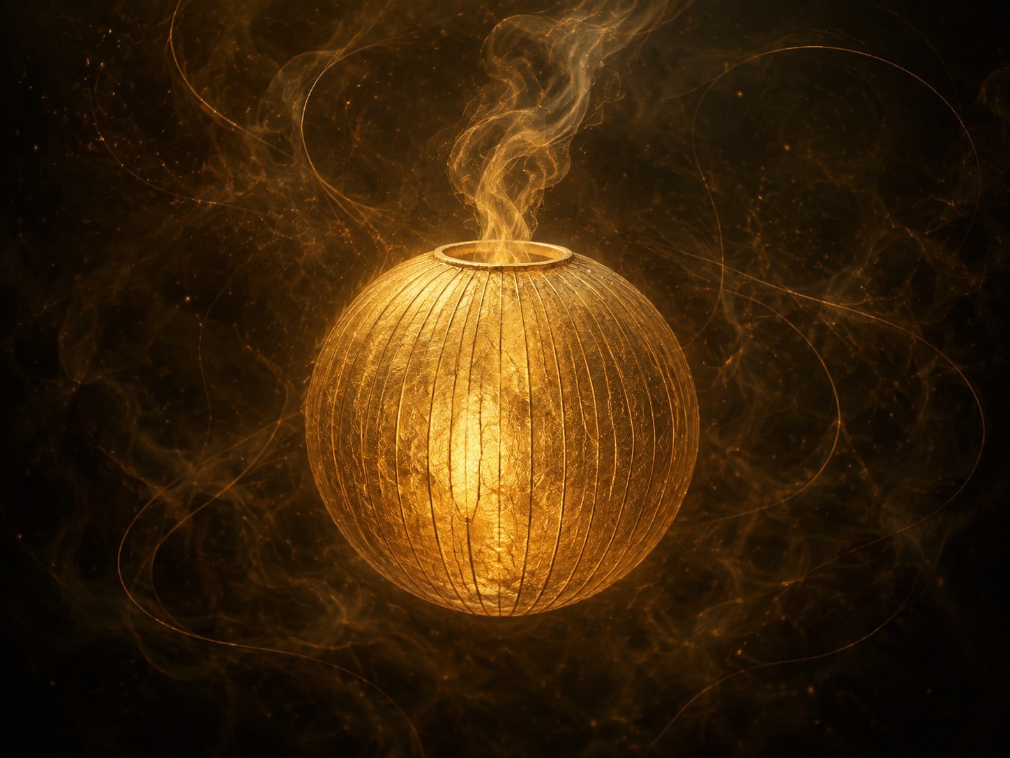 A hollow gold orb with a slim opening at the top releasing a quiet curl of haze into a dark space.