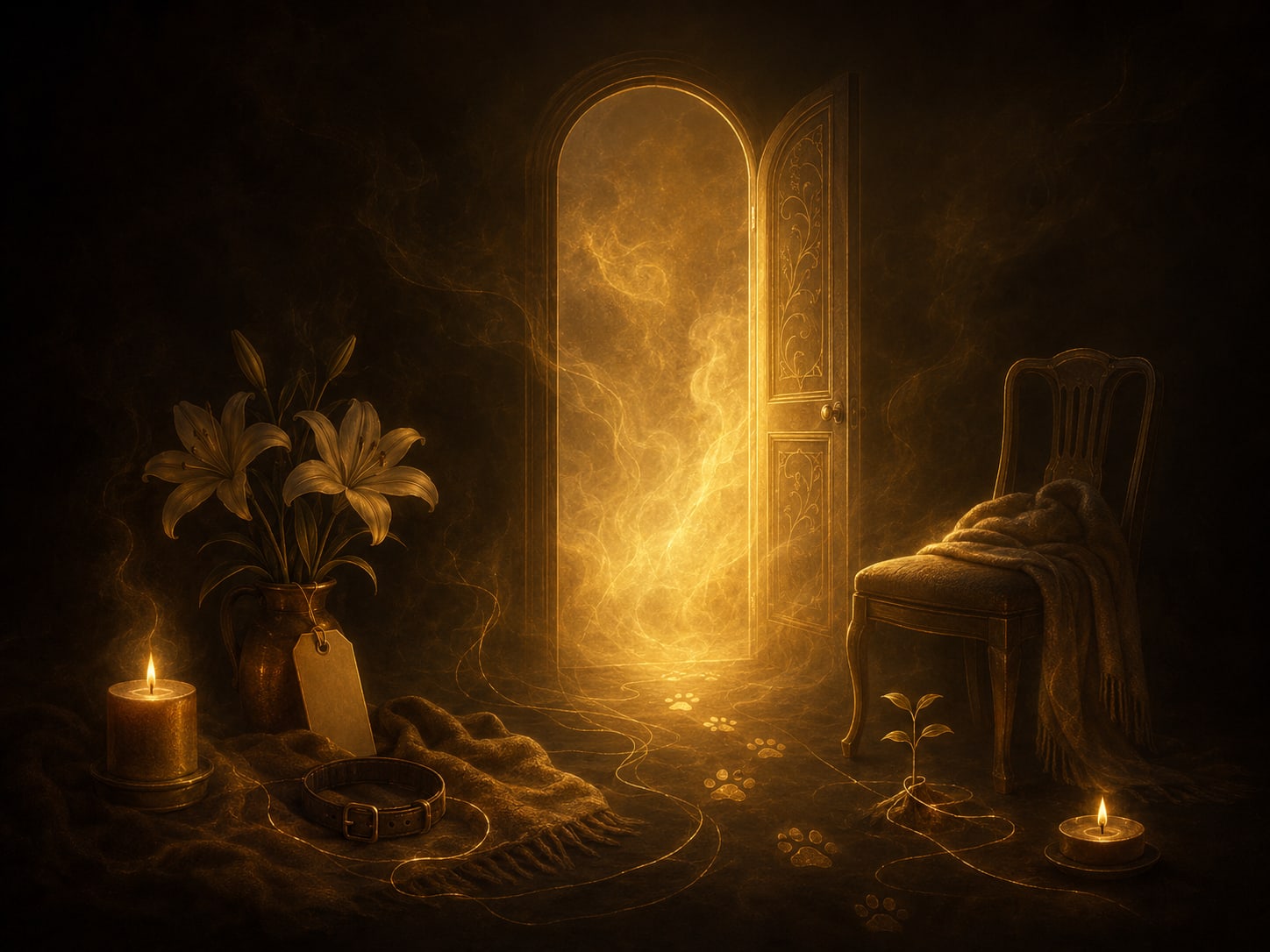 An open doorway filled with soft gold light and drifting smoke.