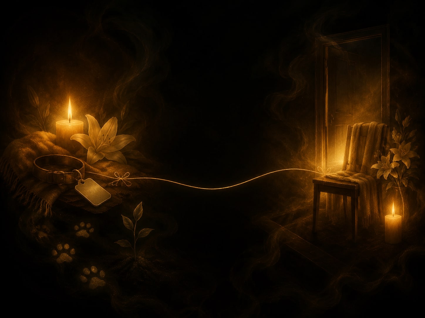 A fine gold thread running unbroken through darkness between two soft blooms of light.