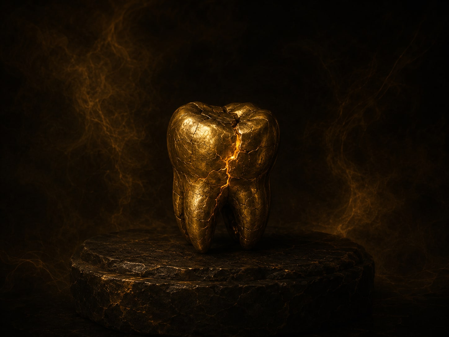 A cracked antique-gold tooth resting on a low dark stone plinth, its fault line traced in warm light.