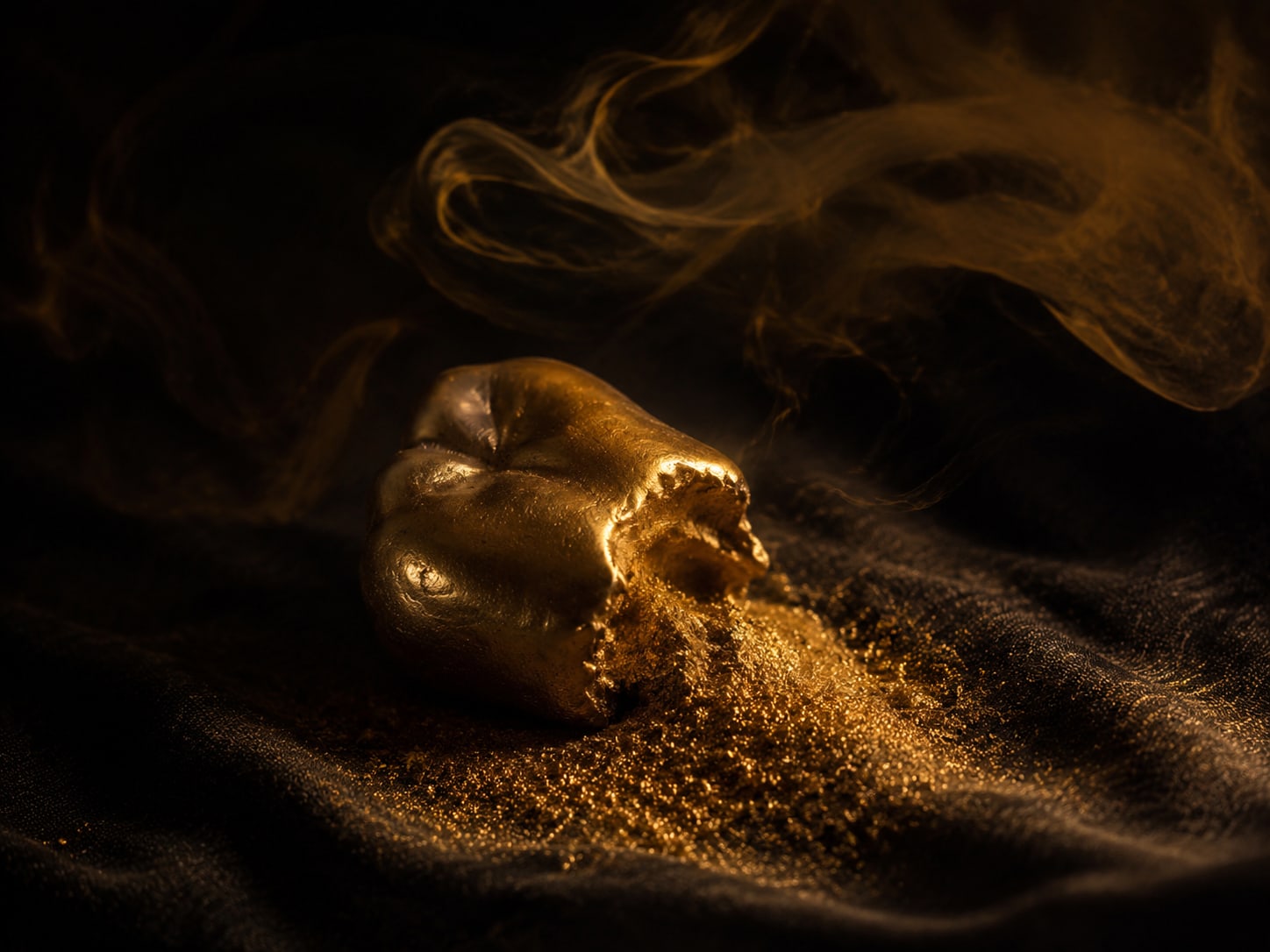 A gold tooth worn half away, fine gold powder pooling like sand on dark cloth beneath it.