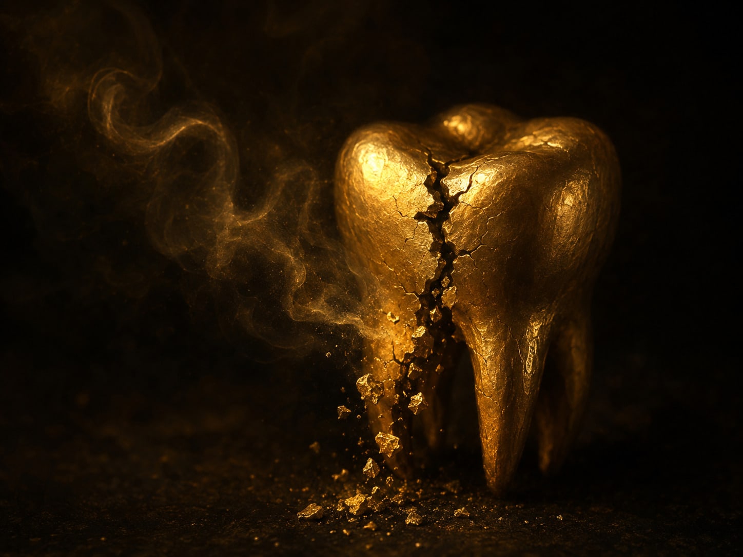 A gold tooth with a fine fracture running through it.