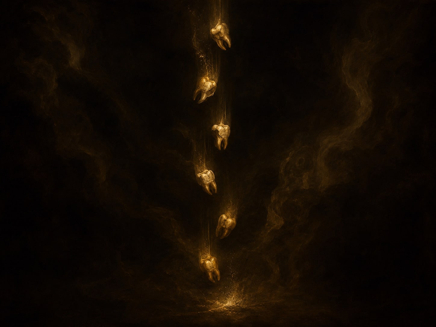 A slow vertical trail of small gold teeth falling through the dark.