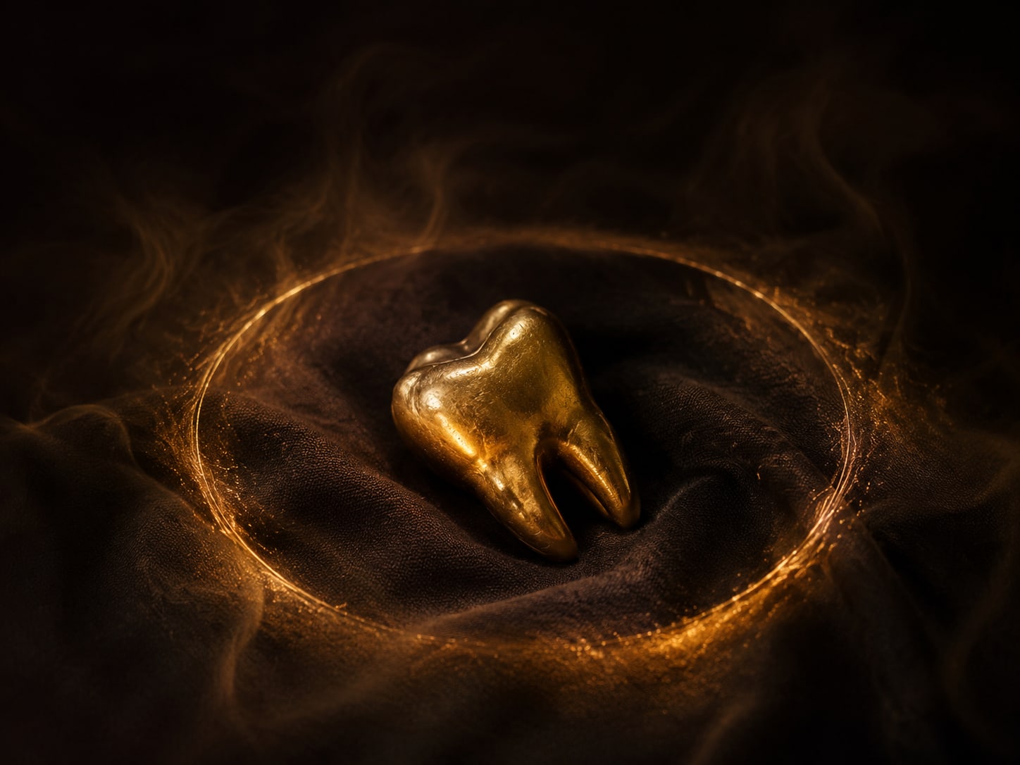 A gold tooth lying at peace on dark cloth inside a gentle ring of warm gold glow.