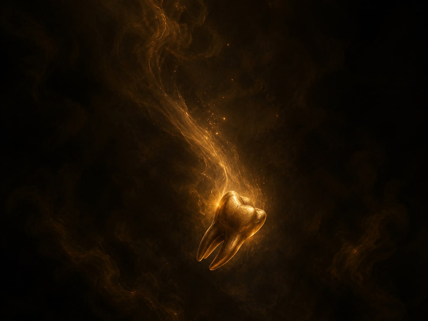 A gold tooth drifting gently downward like a leaf, leaving a faint soft trail of warm light.