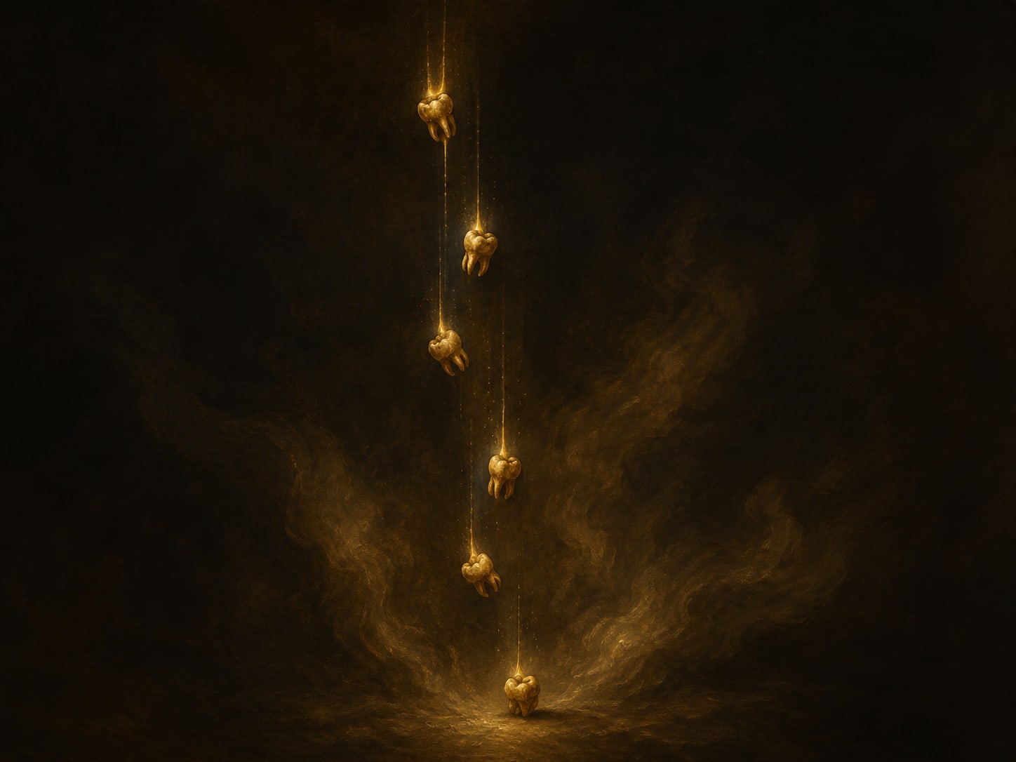 A slow vertical trail of small gold teeth falling one at a time.