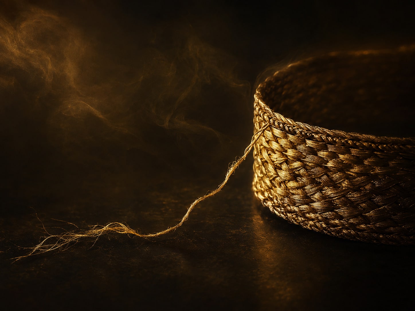 A single gold thread slowly unraveling from a woven band.