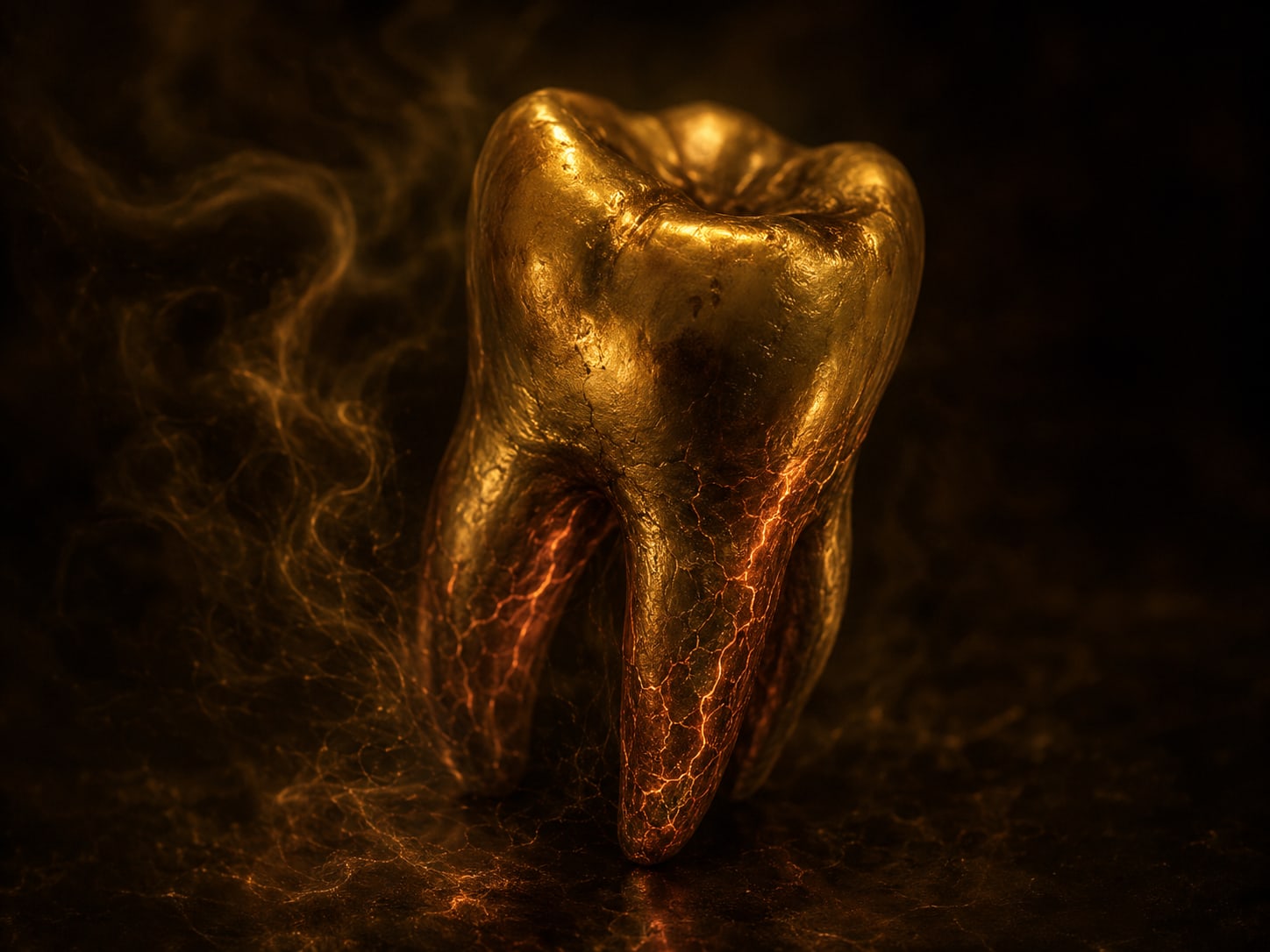 A gold tooth with fine ember-copper veining glowing along its root, warm rather than gory.