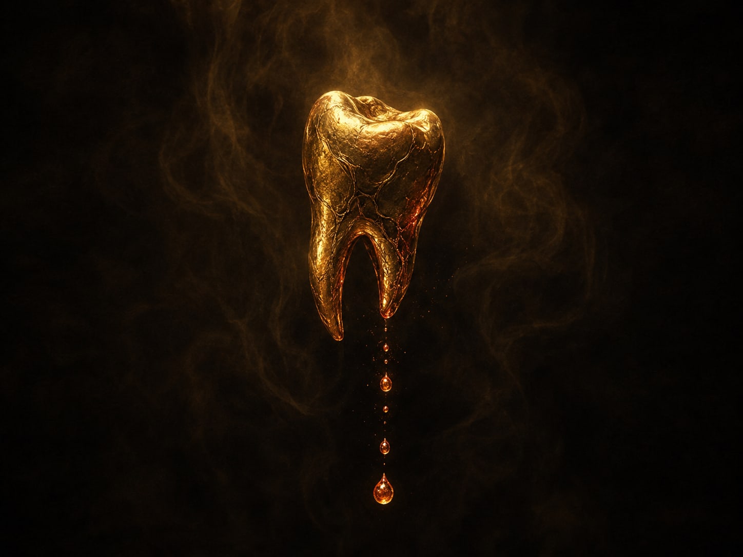 A suspended gold tooth with small molten copper-gold droplets beading and falling beneath it.