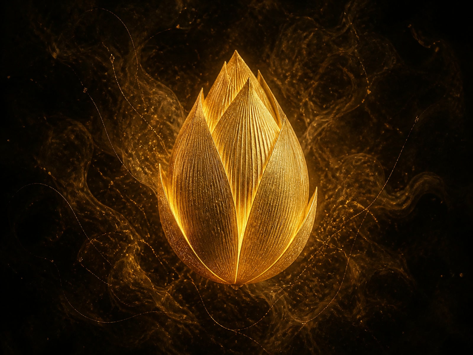A closed gold lotus bud glows softly amid smoke in dark space.
