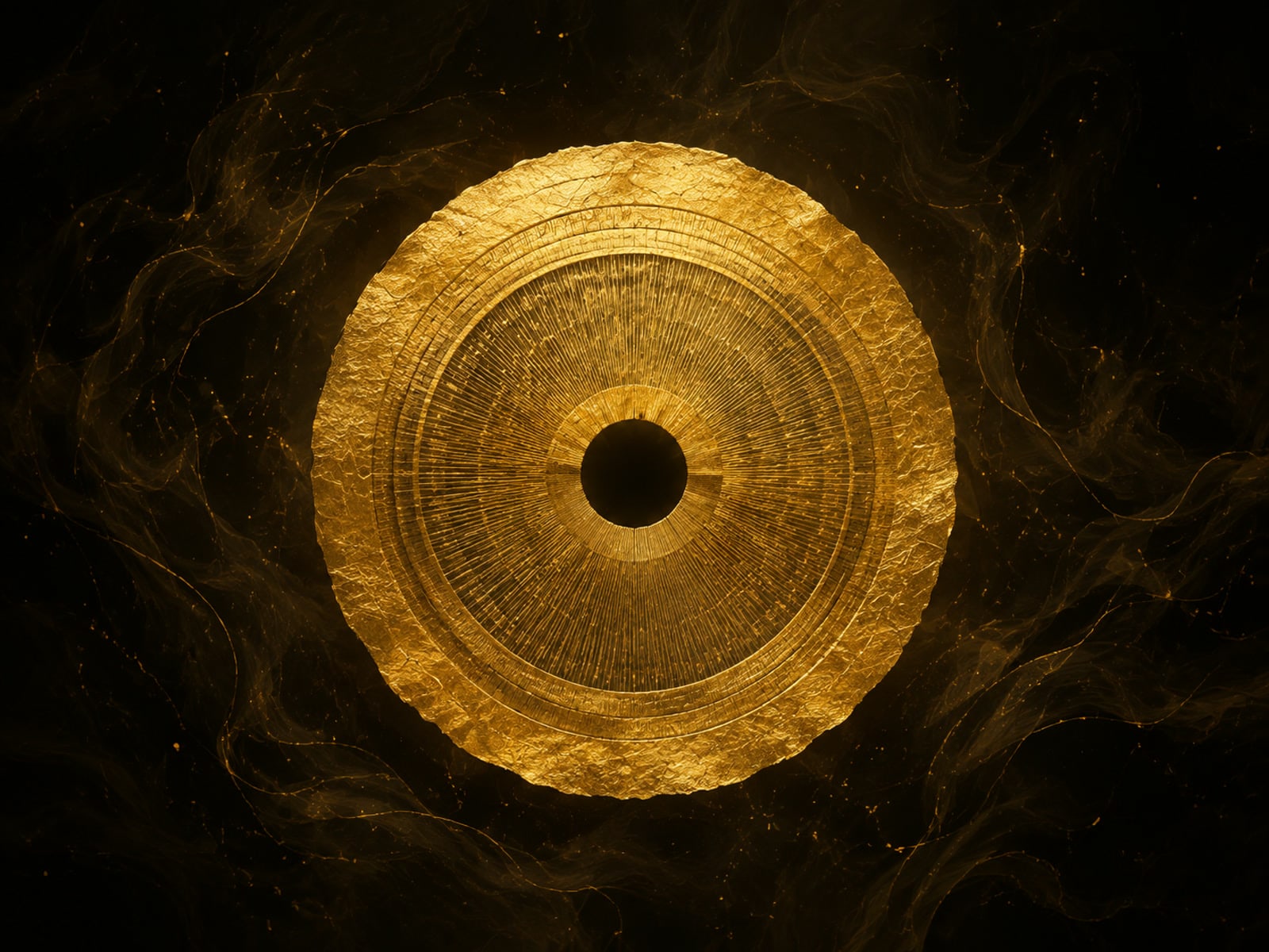 A circular gold medallion with concentric lines and a dark center floats in smoky darkness.