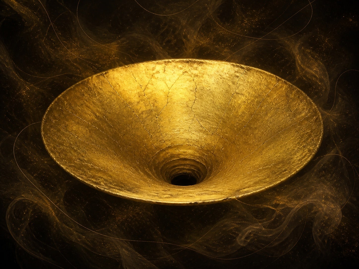A wide shallow gold basin with a dark drain hole at its center.