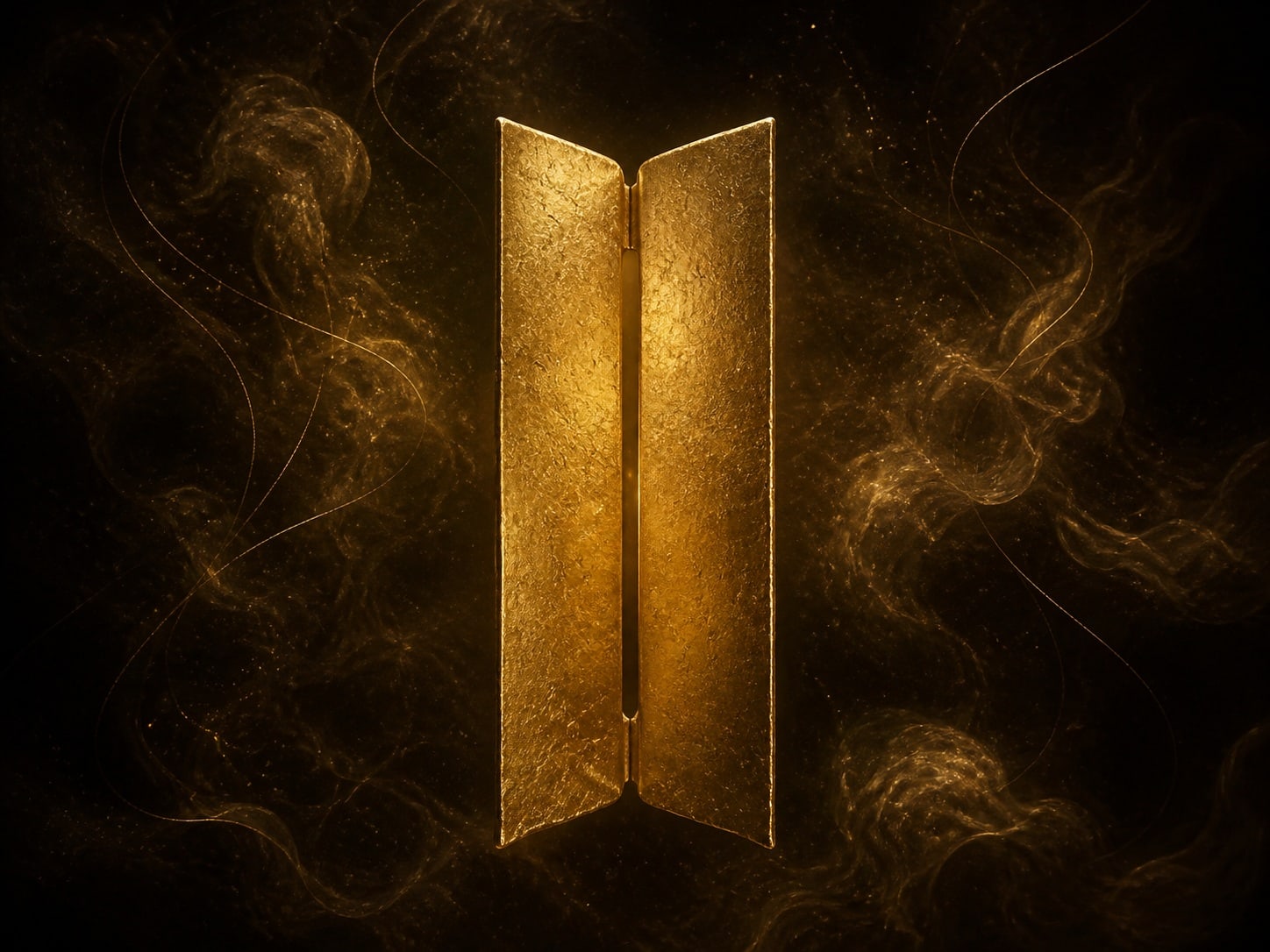 Two upright gold panels standing together to form a narrow screen.