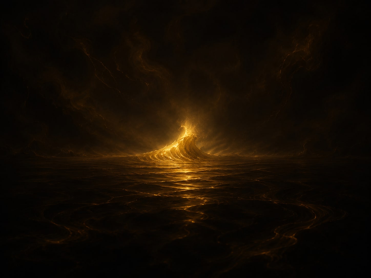 A thin luminous swell of gold water rising far away across a wide dark field of calm sea.