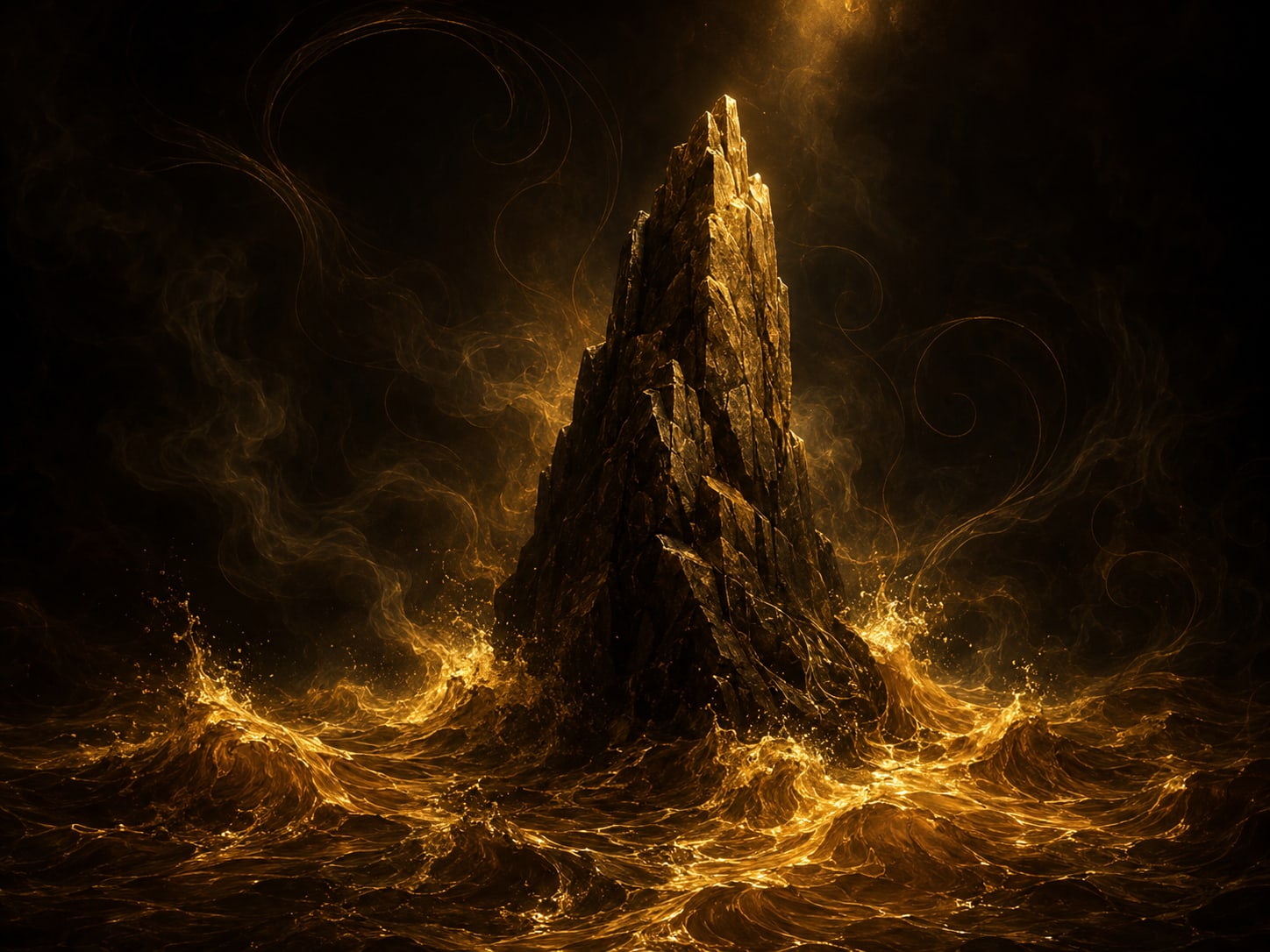 A lone antique gold rock spire standing unmoved above surging gold water.