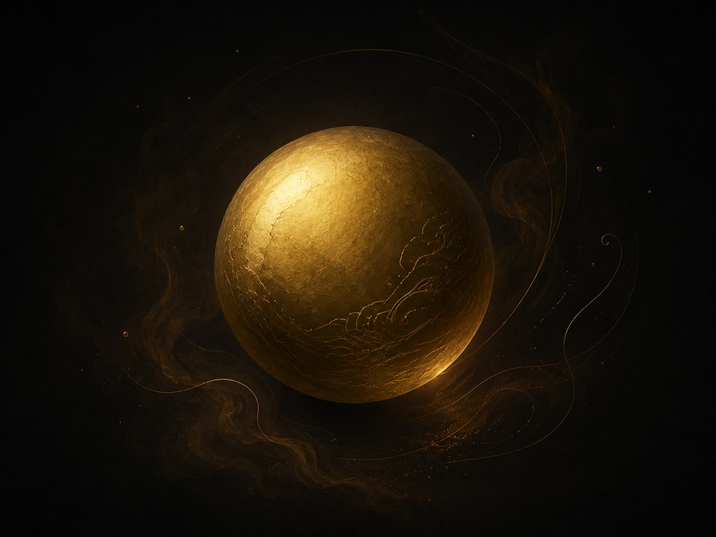 A gold form hanging perfectly still in darkness, releasing nothing, its interior holding a steady even glow with fine particles motionless around it.