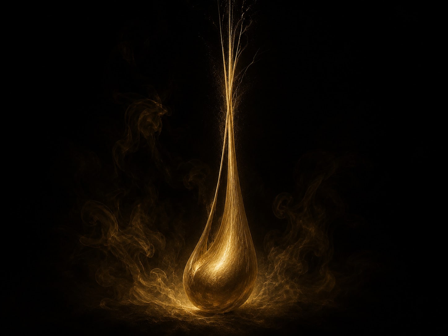 A gold form pulled taut toward the top of the frame, thinned almost to breaking at its upper end and surrounded by a fast churn of small gold bubbles.
