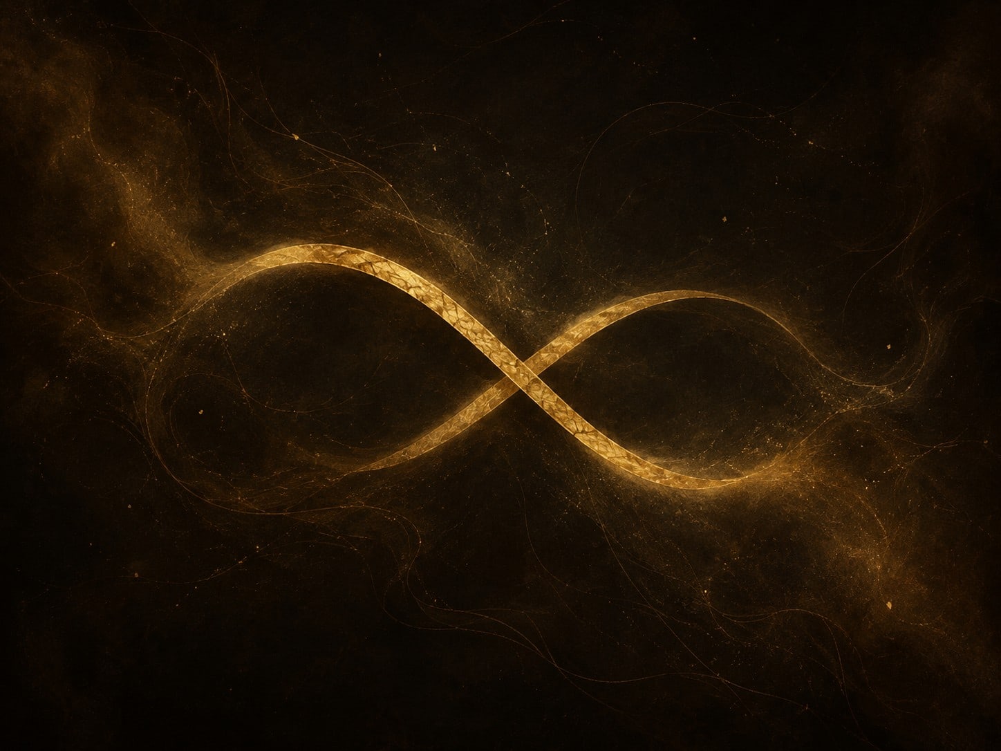 A single pale gold thread curves through darkness, crossing over itself once before fading at both ends.