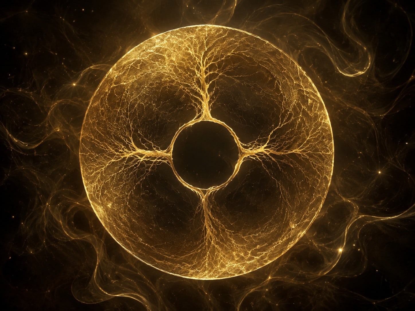 A glowing gold disc with an open dark center and fine branching pathways floats in smoky darkness.