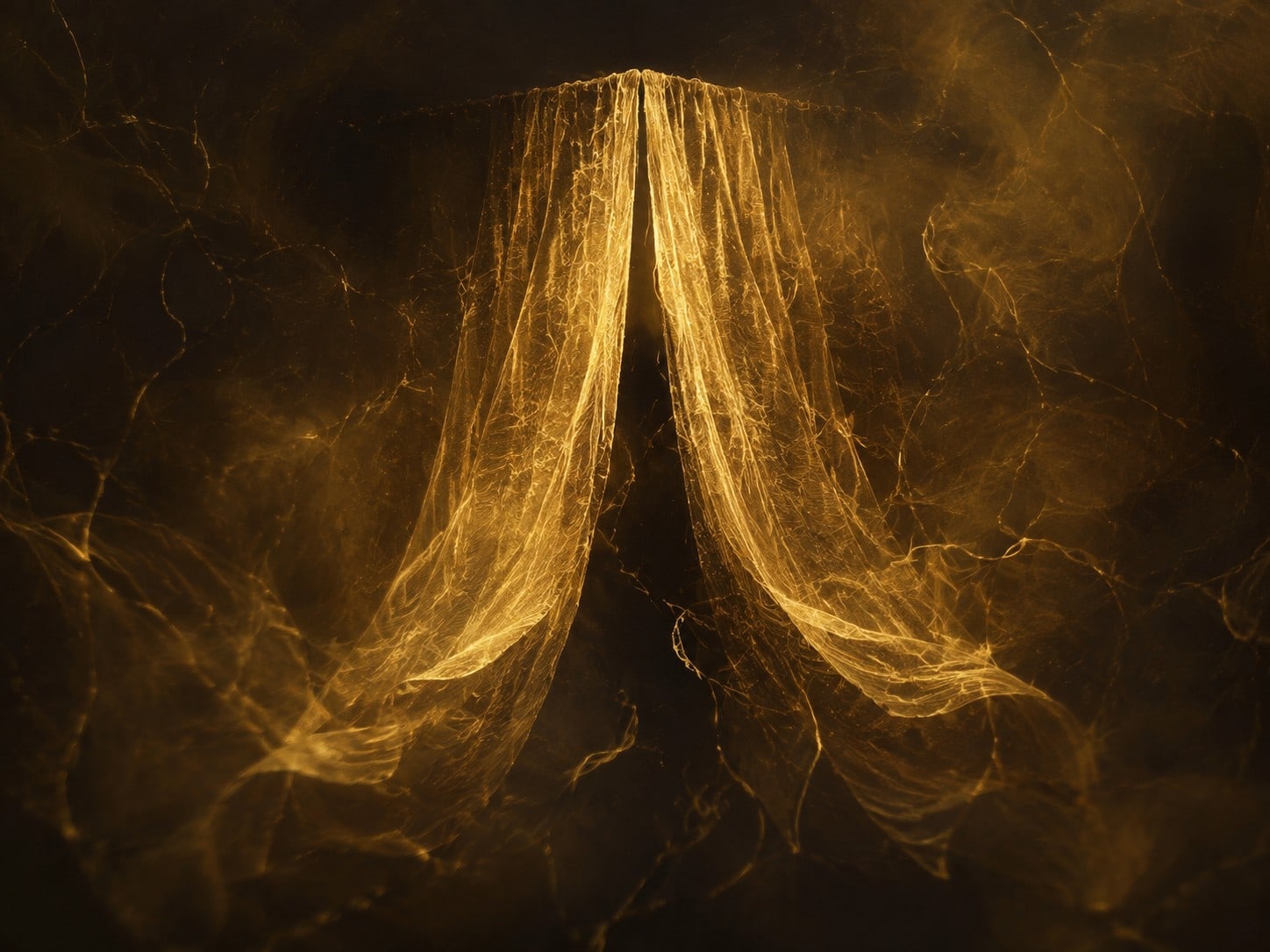 A glowing gold veil of fine strands parts around a dark center in smoky dark space.
