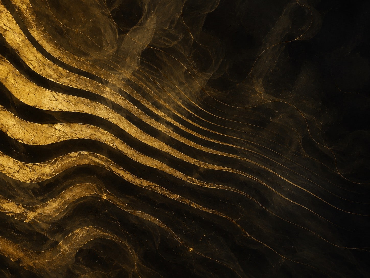 Uneven pale gold bands are thick at one side and become thinner as they extend across a dark field.