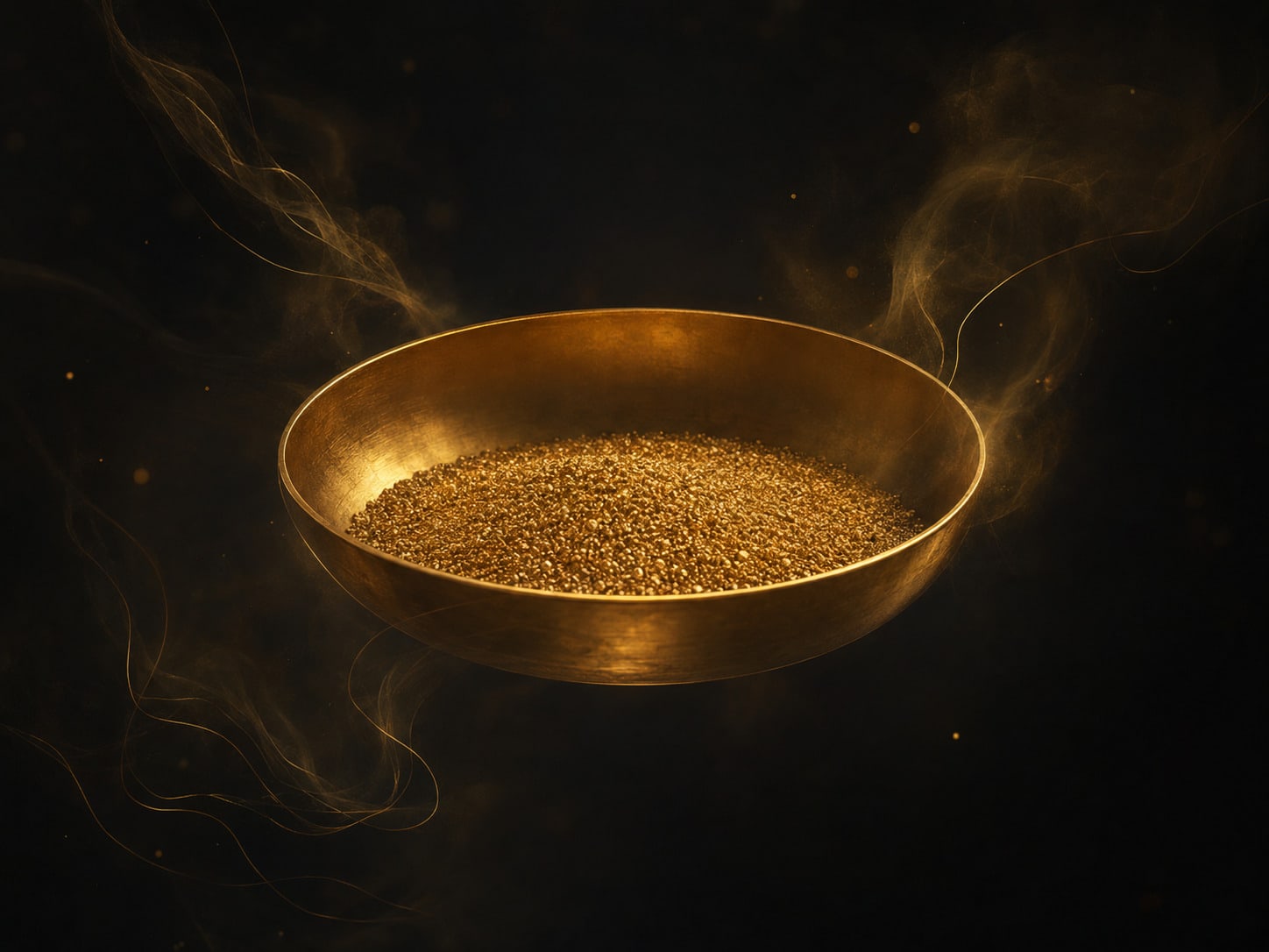 A shallow gold vessel holding fine gold grain while more grain falls past its rim into darkness.