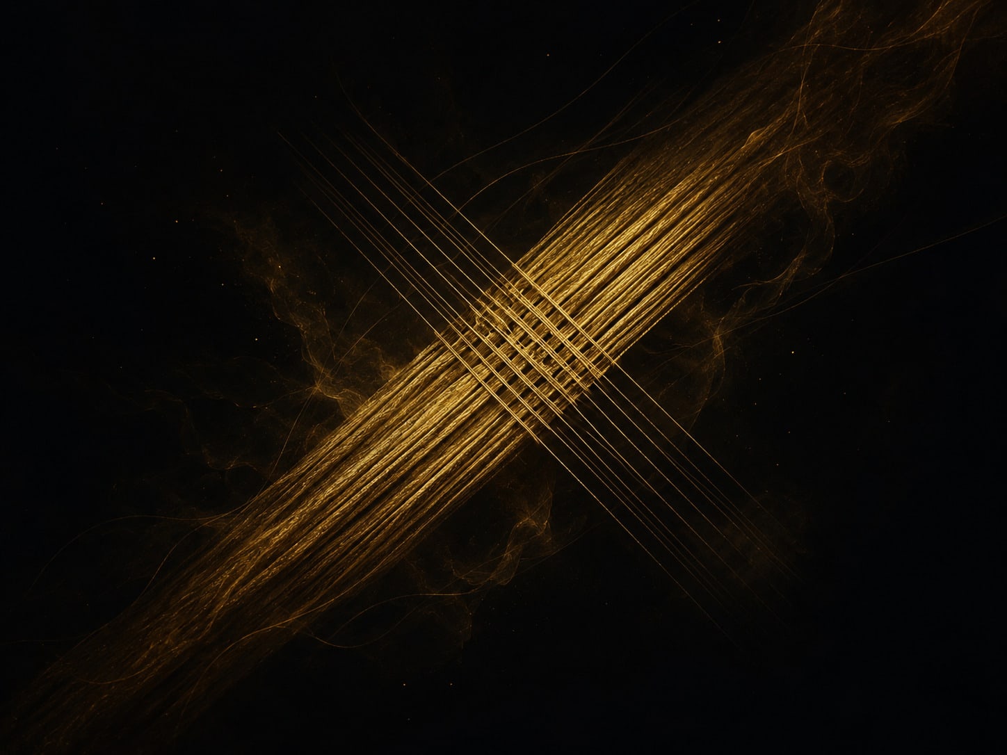 A small gold lattice in darkness where thick crowded threads cross fine widely spaced ones.