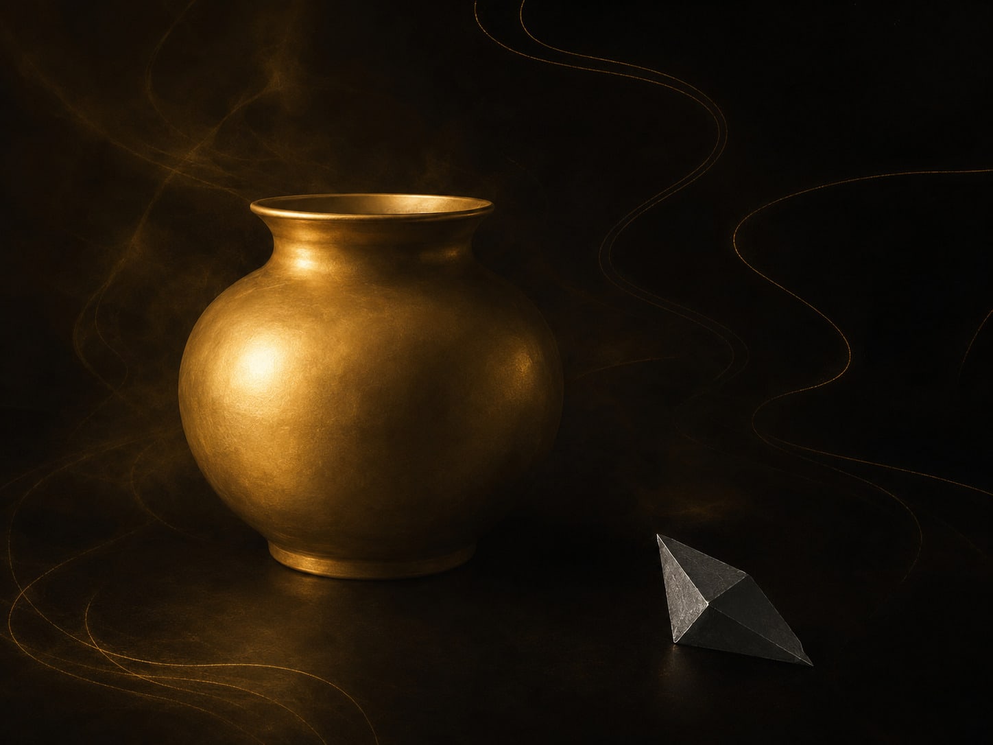 A small sharply faceted fragment lying clear of a smooth gold vessel, its grain colder and harder than the vessel's.
