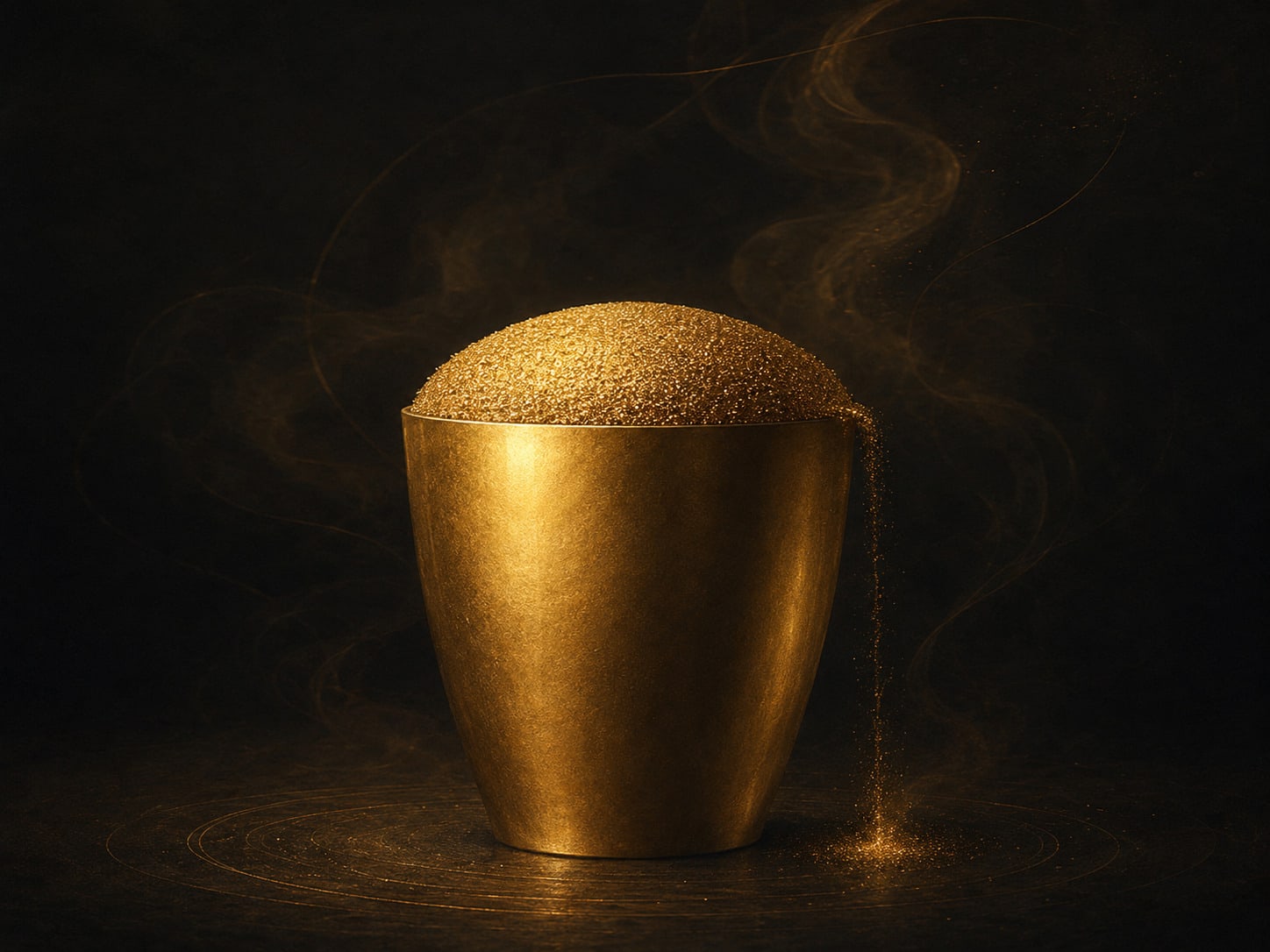 An upright gold vessel filled beyond capacity, its contents standing in a taut dome above the rim with one thread beginning to break over the edge.