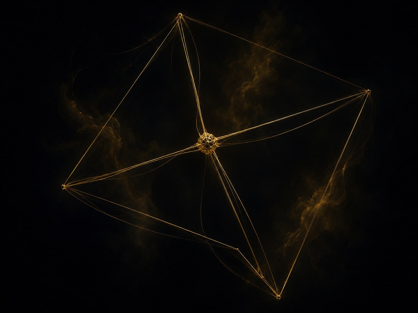 A slender open gold framework fading into darkness with one small solid node fused at a single joint.