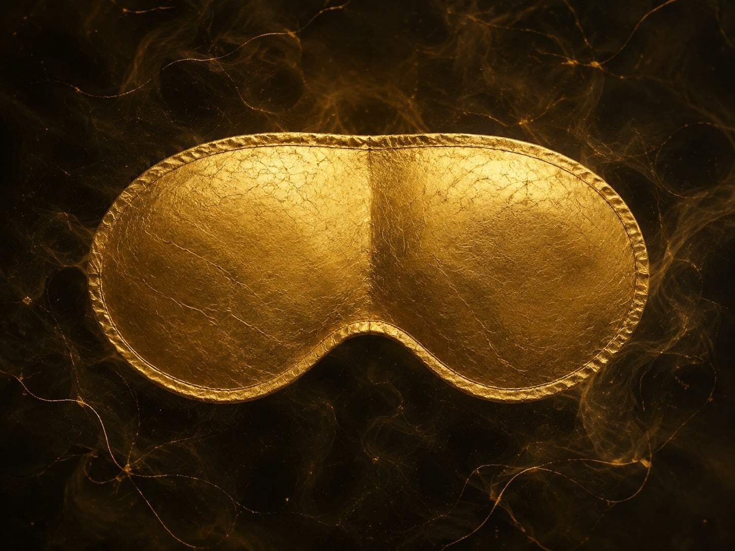 A folded gold sleep mask floats alone in smoky near-black darkness.