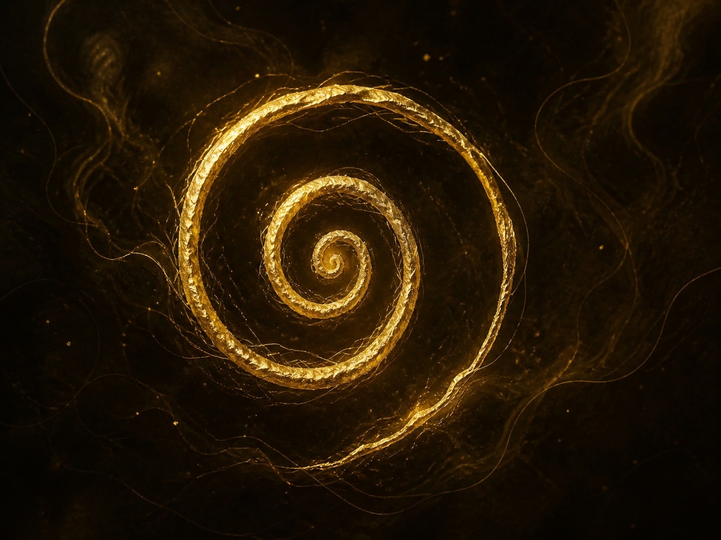 A thin gold spiral with a loose outer curl floats in smoky near-black darkness.