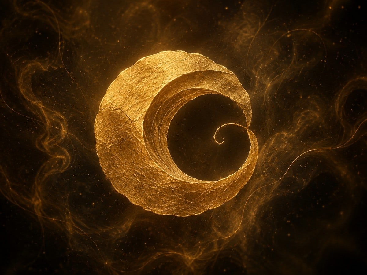 A curved gold arc with a hollow center and one returning thread floats in a warm dark haze.