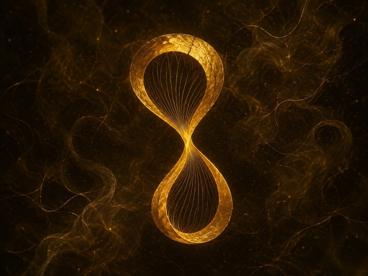 A gold hourglass-shaped loop with fine strands inside floats in a warm dark haze.