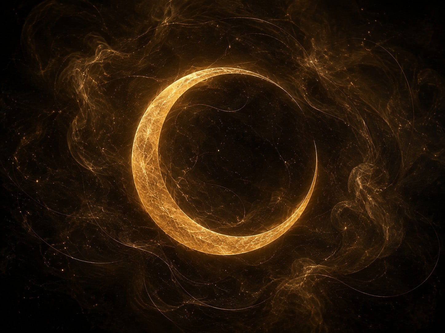 A textured incomplete gold arc with a thin open break floats amid smoky near-black space.