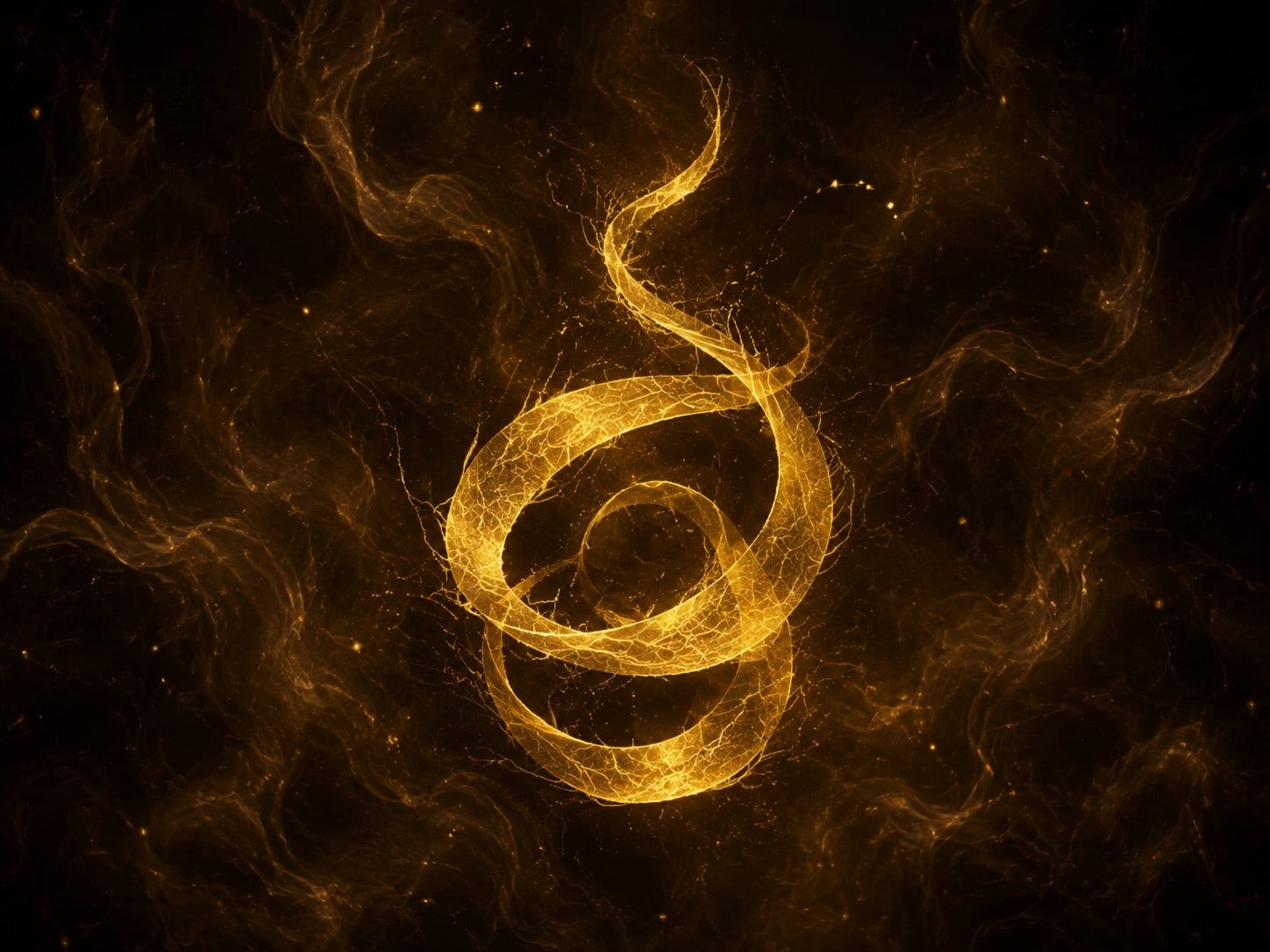 A coiled textured gold ribbon with a loose end floats in smoky near-black space.