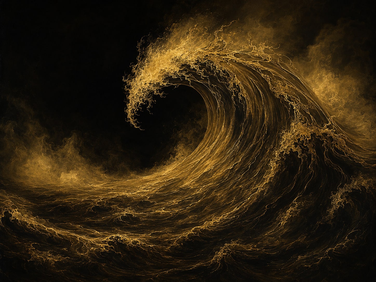 A towering gold wave curling over, with fine gold lines in the crest.