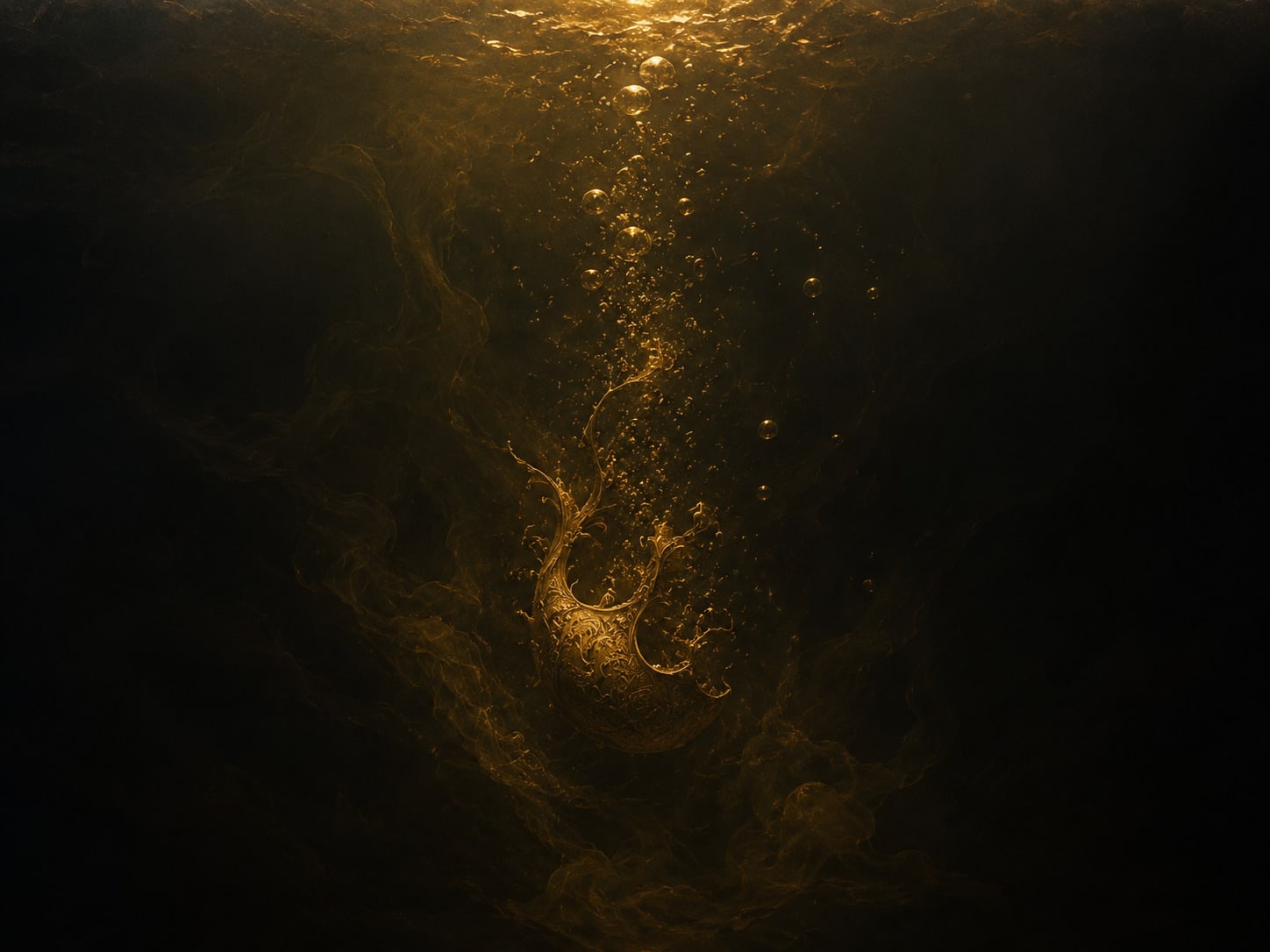 A single gold form sinking into dark, gold-lit depths.